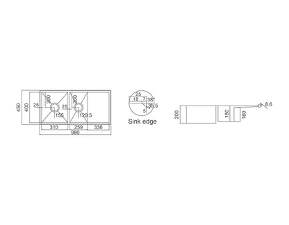 IMPACT 1 & 3/4 Bowl (24L + 20L) Sink with Drainer - Waste Included