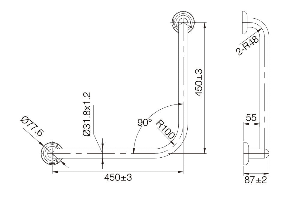 MOBI CARE 450 x 450mm 90 Degree Grab Rail Chrome Finish