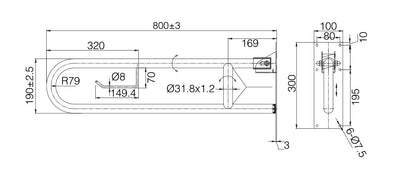 MOBI CARE U-SHAPE 800mm Folding Grab Rail Chrome Finish