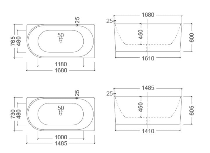 BONDI 1485mm Right Hand Back to Wall Free Standing Bath Tub