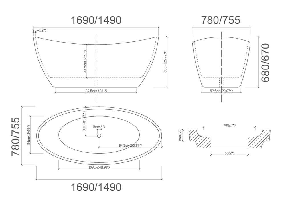 CURO Black and White Free Standing Bath Tub