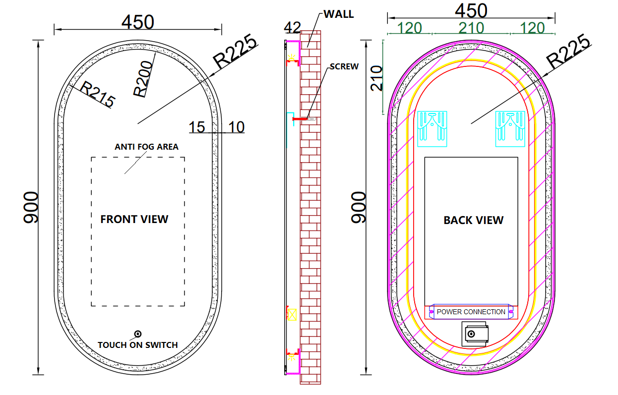 450 x 900mm Oval Anti Fog LED Mirror