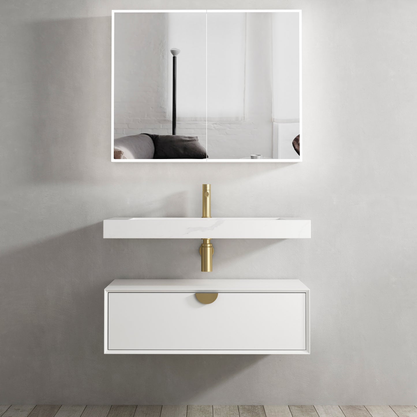 Moonlight Wall Hung Cabinet 900 White (Gold Handle)